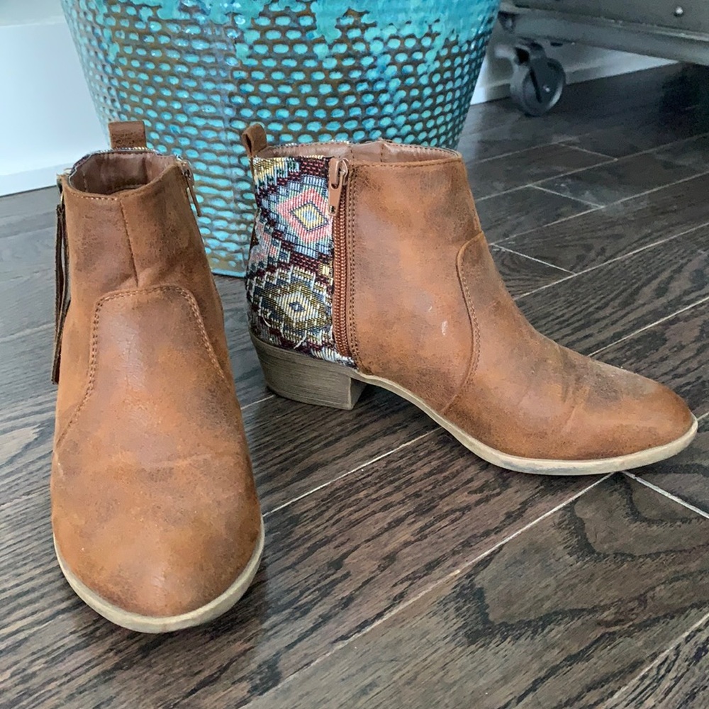 JustFab booties with patterned fabric design